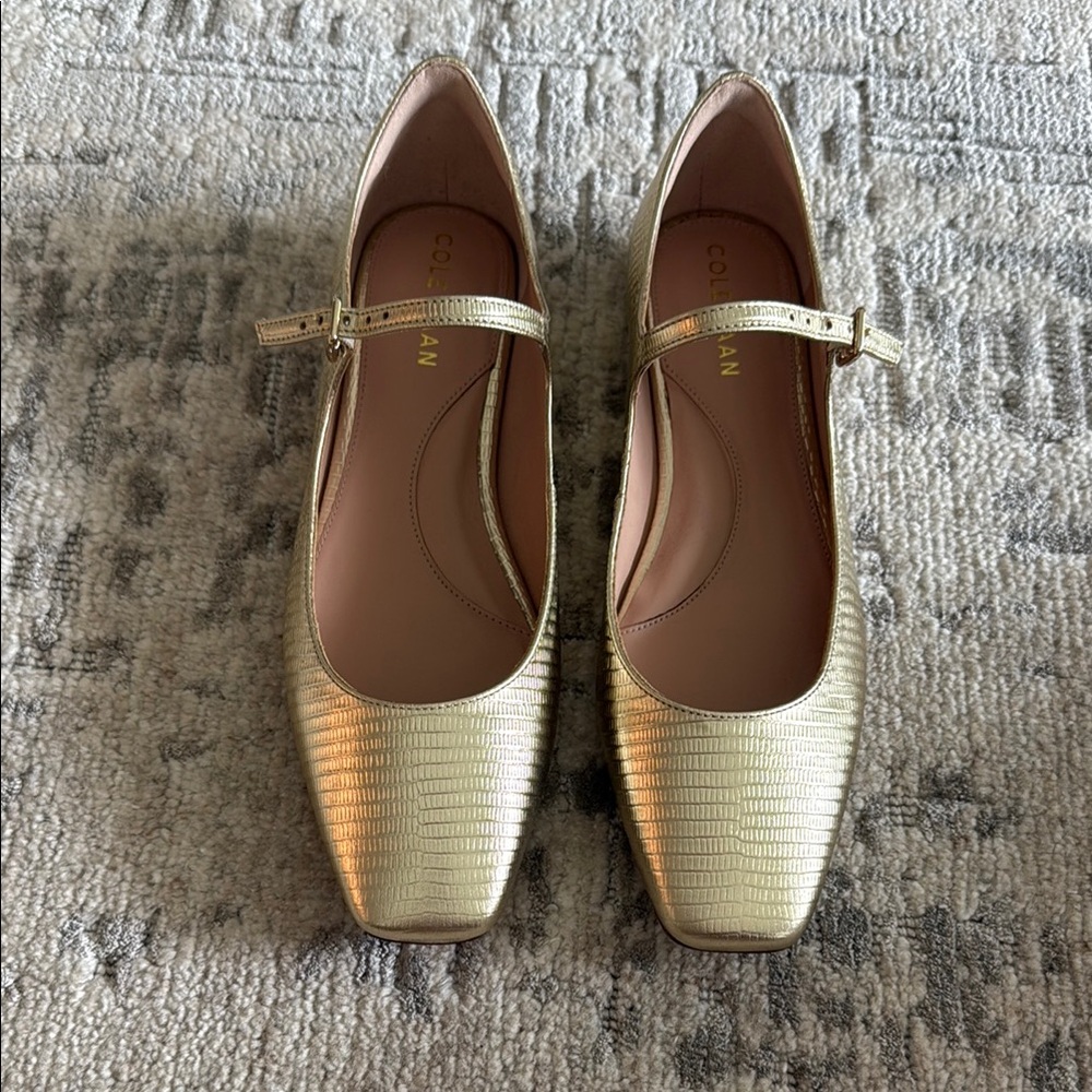 Cole Haan Gold Mary Jane Flats with Square Toe